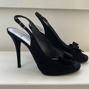 Stuart Weitzman black satin sling back pumps